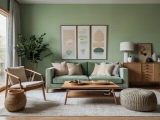 Modern Living Room Sage Green Walls Abstract Art
