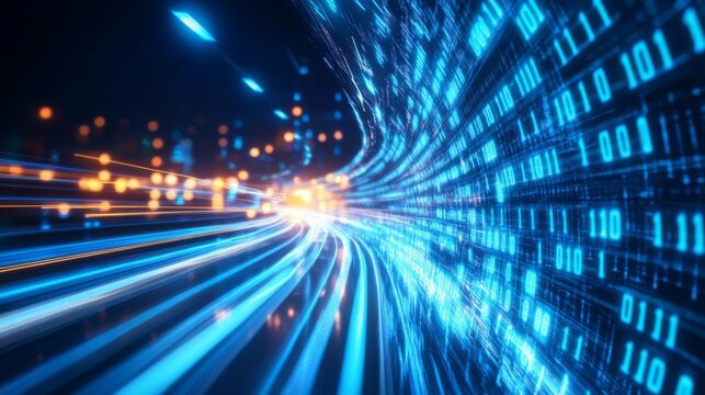 Illuminated binary stream flowing through fiber optics of digital cyberspace network