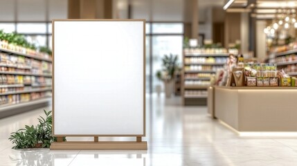 Blank Advertising Board in a Modern Supermarket Aisle with Shelves and Products