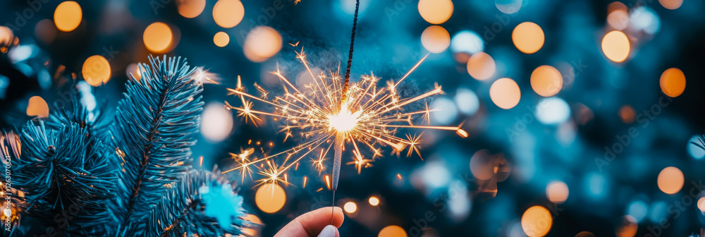 Poster festive light with a handheld sparkler illuminating a christmas fir tree in the twilight for new yea