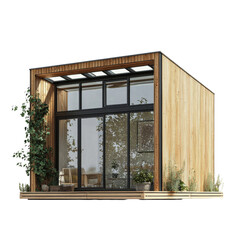 Modern wooden cabin with large glass windows and greenery