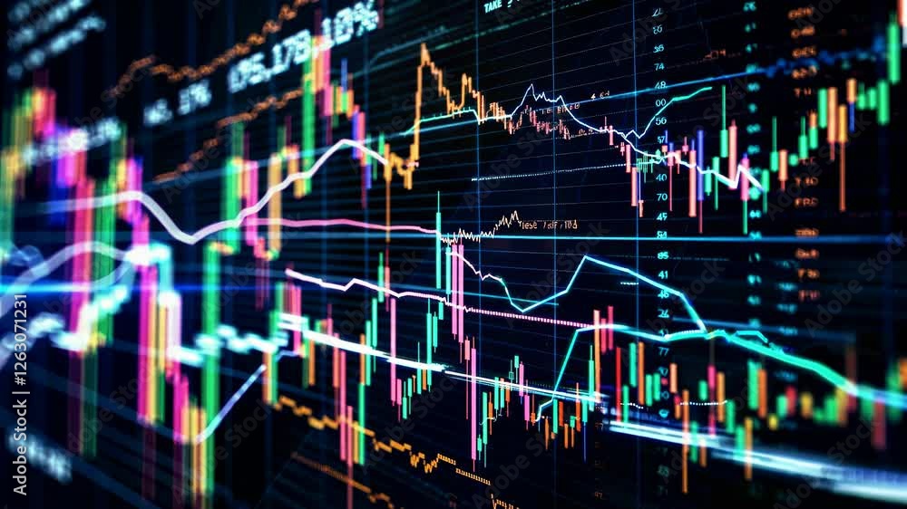Poster dynamic video concept of financial data with colorful graphs and charts. close-up angle captures flu