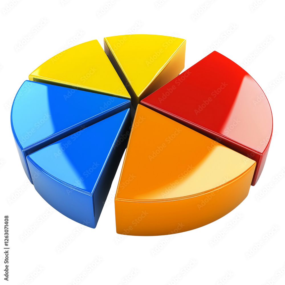 Poster colorful pie chart with segments in blue, yellow, red, and orange, representing data visualization a