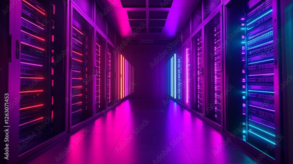 Poster data center with colorful lights. a server is in a room with a room that is connected to a communica