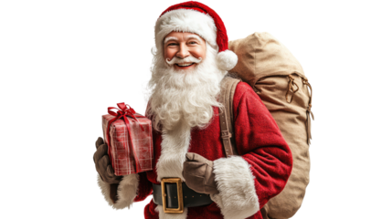 Joyful Santa Claus: A classic depiction of Santa Claus, beaming with a jolly expression, carries a gift and a sack full of presents.