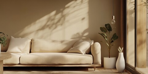 A plush beige sofa with textured cream upholstery invites relaxation, its rich patterns accentuated in a captivating close-up. Facing left, it exudes comfort and elegance