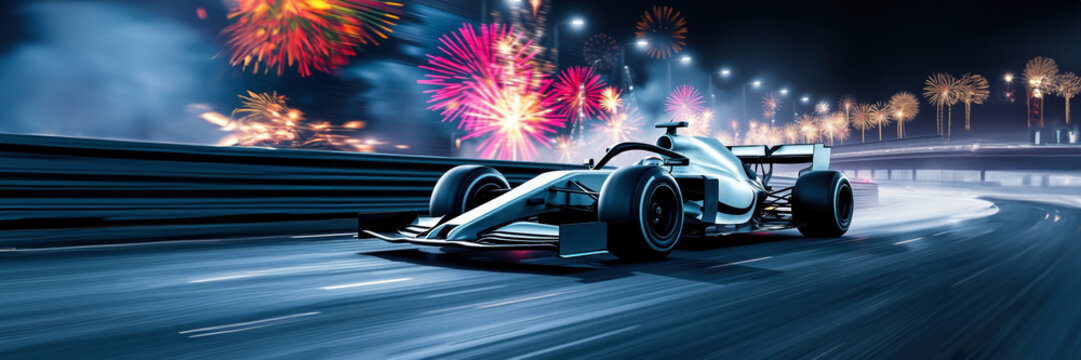 Formula 1 Grand Prix racing car at night with fireworks and motion blur, horizontal close-up image