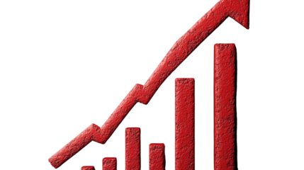 Economic Ascent: A visual representation of growth with a red bar graph and upward-pointing arrow, symbolizing progress, success, and positive financial trends. 