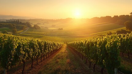 Fototapeta premium Golden Sunrise Over Rolling Vineyard Hills