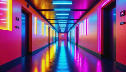 Fototapeta premium Vibrant hallway bathed in neon lights symbolizing energy and innovation