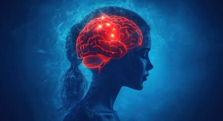 Fototapeta premium Human Silhouette with Glowing Brain and Emotional Light Effects in Surreal Digital Art