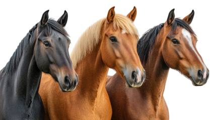 Majestic Trio: Three stunning horses, each with a unique coat color – a sleek black, a radiant golden palomino, and a rich chestnut – stand side-by-side in a studio setting.