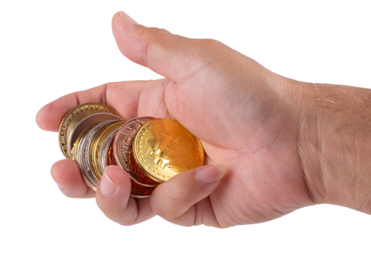 man's hand holding golden Bitcoin isolated on transparent background