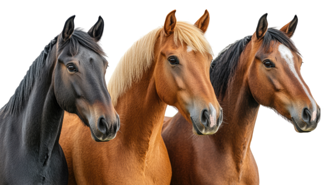 Majestic Trio: Three stunning horses, each with a unique coat color – a sleek black, a radiant golden palomino, and a rich chestnut – stand side-by-side in a studio setting.
