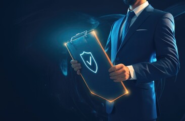 Businessman holding a virtual screen with a checkmark and shield icon on a document list, conveying the concept of security in business data protection technology
