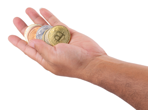 man's hand holding golden Bitcoin isolated on transparent background