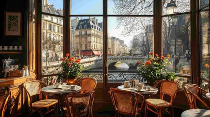 Fototapeta premium Parisian Cafe Scene With River View And Flowers