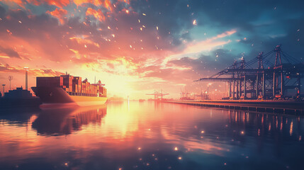 Container truck in ship port for business Logistics and transportation of Container Cargo ship and Cargo plane with working crane bridge in shipyard at sunrexport, transport, e commerce, loading dock,