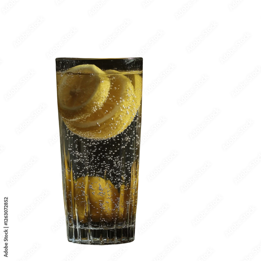 Aufkleber refreshing lemon soda in tall glass with bubbles and lemon slices. vibrant yellow of lemons contrast
