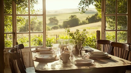 Fototapeta premium Serene Outdoor Dining Setup with Beautiful Rural Landscape View