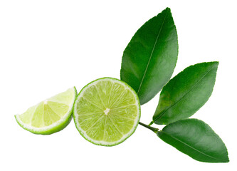 Half with slice of fresh green lime isolated on transparent background