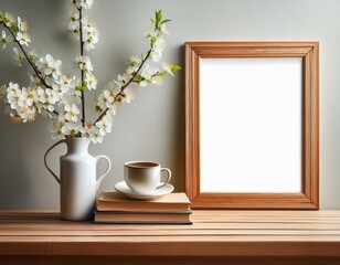 spring interior still life cup of coffee tea on old books white blossoming cherry plum tree branches in ceramic vase on bamboo table vertical wooden picture frame poster mockup hanging on wall