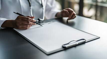 Fototapeta premium A close-up shot of a doctor’s hand holding a pen over a blank clipboard, symbolizing diagnosis, prescriptions, and medical documentation