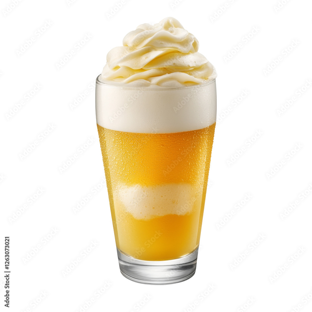 Poster creamy beer float in glass with whipped topping and frothy head, showcasing refreshing drink perfect