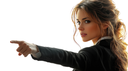 Confident Woman Pointing: A striking portrait of a woman confidently pointing, her gaze direct and compelling, conveying a sense of purpose and direction.