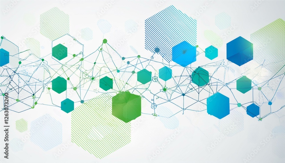 Poster geometric abstract background with blue and green hexagons structure molecule and communication scie