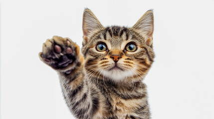 A classic tabby house cat sitting upright, facing forward with one paw extended towards the viewer