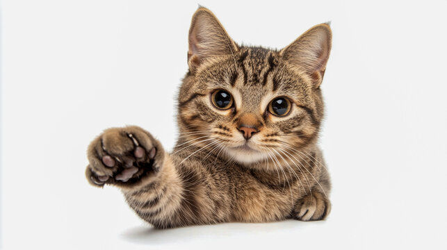 A classic tabby house cat sitting upright, facing forward with one paw extended towards the viewer