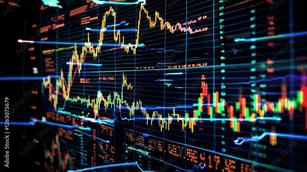 Poster dynamic video concept of stock market data with a futuristic style. low-angle view highlights vibran
