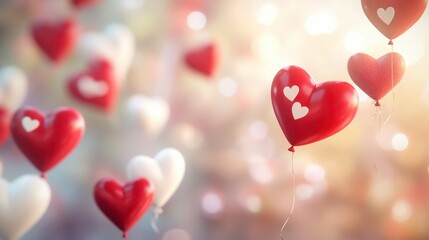 A soft-focus Valentine's Day background with a mix of red and white heart-shaped balloons floating in a gentle breeze.