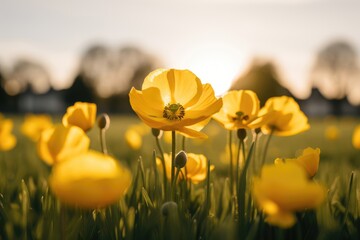 Yellow tulips blooming in spring garden at sunset with blurred background and copy space. Nature backdrop for Easter, Spring equinox, Earth day, May day, Garden day