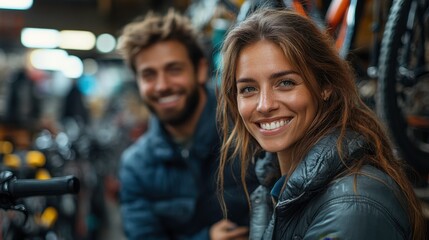 Fototapeta premium Smiling Couple Examining New Bicycles in a Modern Bike Store