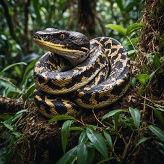 Fototapeta premium A close-up of a snake partially submerged in water, showcasing its scales and habitat. Vibrant Yellow and Black Snake Portrait
