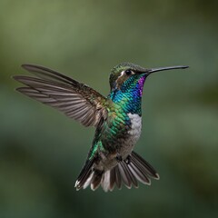 Obraz premium Colibri en vol, en gros plan Describe the iridescence of a hummingbird’s feathers. hummingbird close up photography ai generated hummingbird in flight