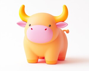 Fototapeta premium A cute, colorful cartoon bull figurine with orange body, pink face, and bright yellow horns, set against a white background.