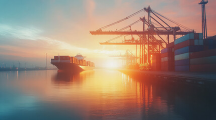 Fototapeta premium Container truck in ship port for business Logistics and transportation of Container Cargo ship and Cargo plane with working crane bridge in shipyard at sunrexport, transport, e commerce, loading dock,