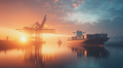 Container truck in ship port for business Logistics and transportation of Container Cargo ship and Cargo plane with working crane bridge in shipyard at sunrexport, transport, e commerce, loading dock,