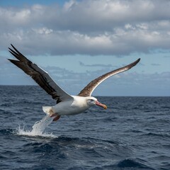 Fototapeta premium seagull Yelkouan Shearwater (Puffinus yelkouan) flying above the Mediterranean Sea arctic tern in flight over blue sea