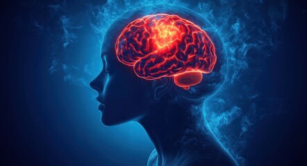 Fototapeta premium Human Silhouette with Glowing Brain in Abstract Blue Background Emitting Vibrant Red Light