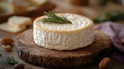 Goat cheese wheels resting on a wooden board, artisan dairy product, farmhouse setting