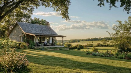 Obraz premium Cozy Stone Cottage Surrounded by Lush Green Fields and Trees
