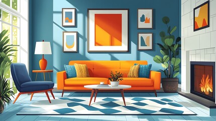 Sunny living room with orange sofa, blue armchair, fireplace, and abstract art.