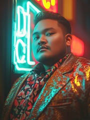 Obraz premium Vibrant Portrait of a Stylish Individual in Neon Light - Perfect for Fashion and Lifestyle Themes