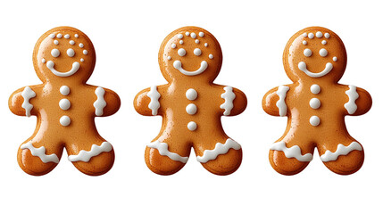 Gingerbread Trio: Three adorable gingerbread cookies, each with a cheerful smile and intricate icing details, stand side-by-side, exuding festive warmth and inviting delight.