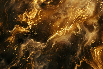 Abstract golden marble texture with swirling patterns and shimmering particles, ideal for backgrounds