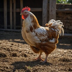  white farm chicken  rooster in the farm Rooster or chicken on traditional free range poultry farm . a standing on dirt ground in front of a barn